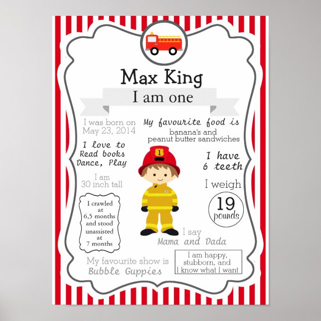 Firefighter First Birthday poster för en pojke (Framsidan)
