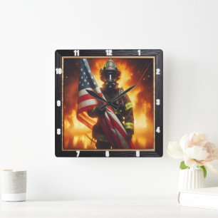 Firefighter Hero American Flagga Protection Fyrkantig Klocka