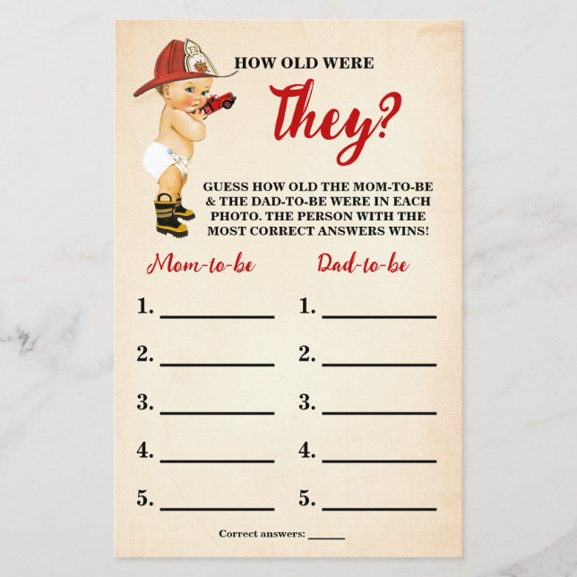 Firefighter Hur gamla var de Shower Game Card Flygblad (Framsidan)