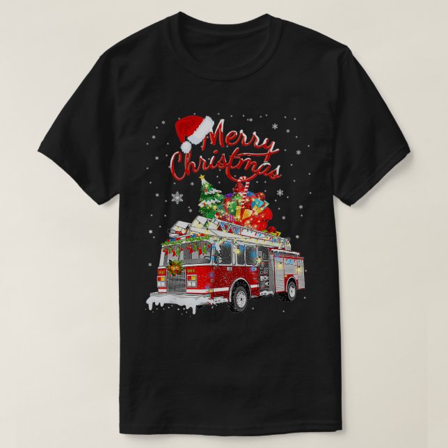 Firefighter Julgran Fire Lastbil Fireman Julafton T Shirt (Design framsida)