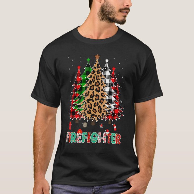 Firefighter Leopard Red White Green Plaid Christma T Shirt (Framsida)