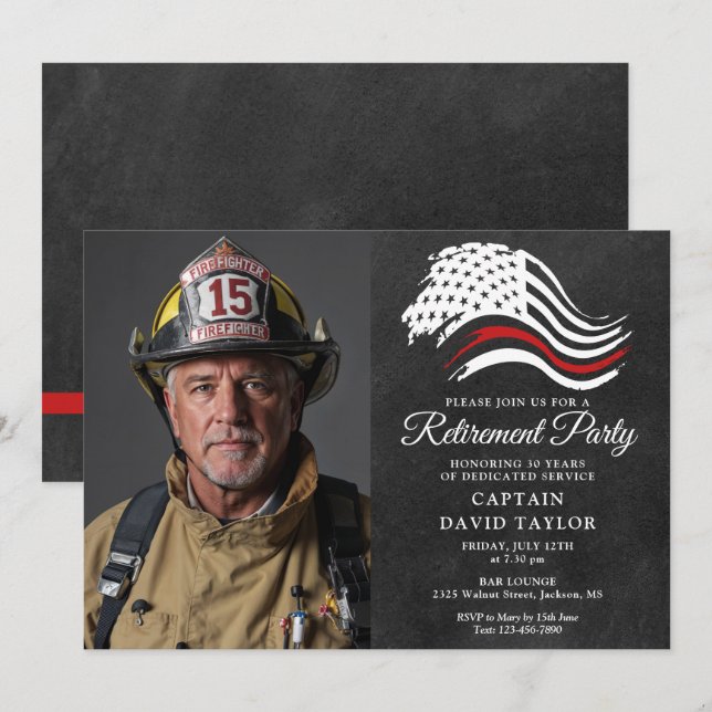 Firefighter Pension Party Thin Red Line Photo Inbjudningar (Fram/baksida)