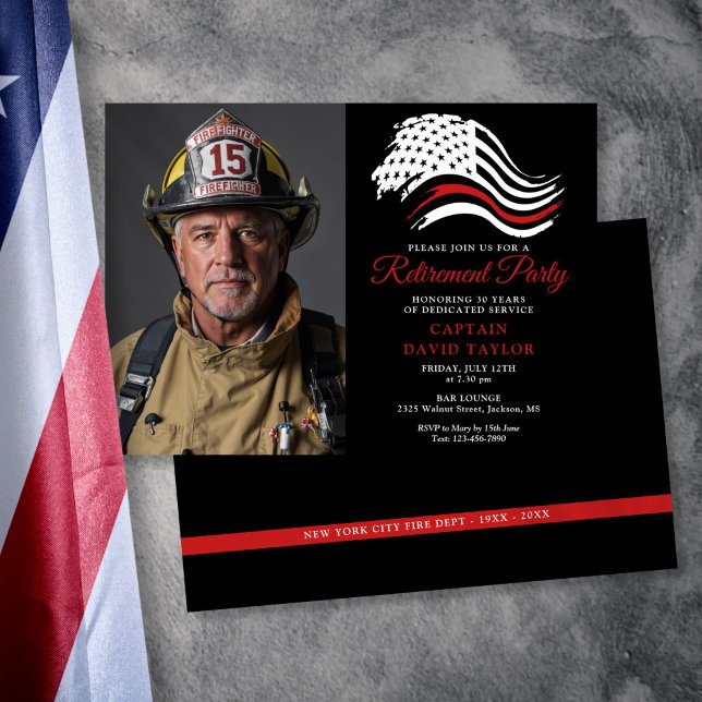 Firefighter Pension Party Thin Red Line Photo Inbjudningar (Firefighter Retirement Party Thin Red Line Photo Invitation)