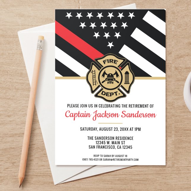 Firefighter Pension Red Line Flagga Fireman Inbjudningar (A perfect invitation for a retiring firefighter, captain, lieutenant, chief, etc! )