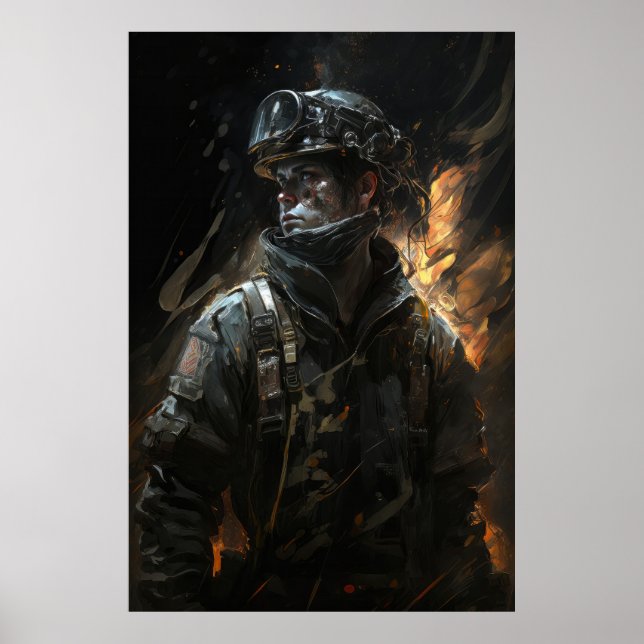 Firefighter Porträtt Fantasy Painting Vild Spirit Poster (Framsidan)