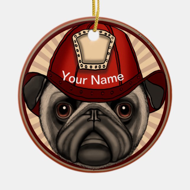 Firefighter Pug Julgransprydnad Keramik (Framsidan)
