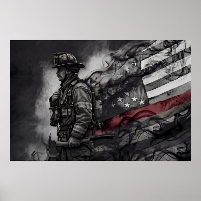 Firefighter Red Line Tribute Smoke American Flag Poster (Framsidan)