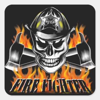 Firefighter Skull 4 och Flaming Axes Fyrkantigt Klistermärke