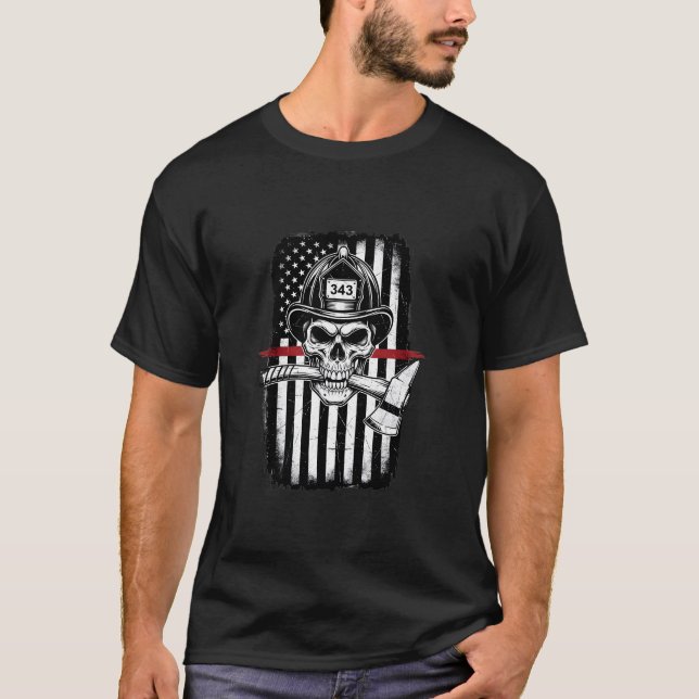 Firefighter Skull Thin Red Line T-Shirt (Framsida)
