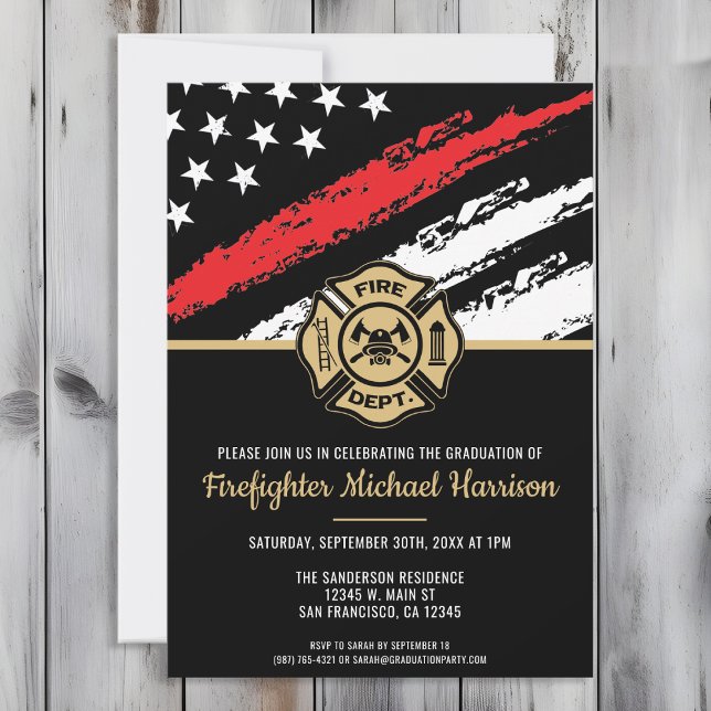 Firefighter Studenten Red Line Flagga Fireman Inbjudningar (Perfect invitation to invite guests to celebrate the new fire academy graduate in fire fighting!)