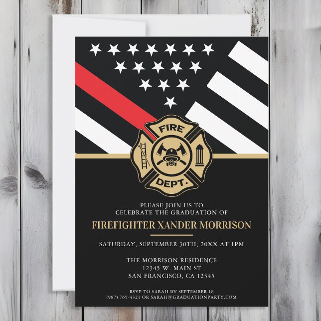 Firefighter Studenten Red Line Flagga Fireman Inbjudningar (Perfect invitation to invite guests to celebrate the new fire academy graduate in fire fighting!)