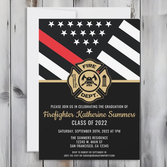 Firefighter Studentfest Thin Red Line Flagga Inbjudningar (Perfect invitation to invite guests to celebrate the new fire academy graduate in fire fighting!)