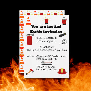 Firefighter Theme Bilingual Birthday Boy Party Inbjudningar