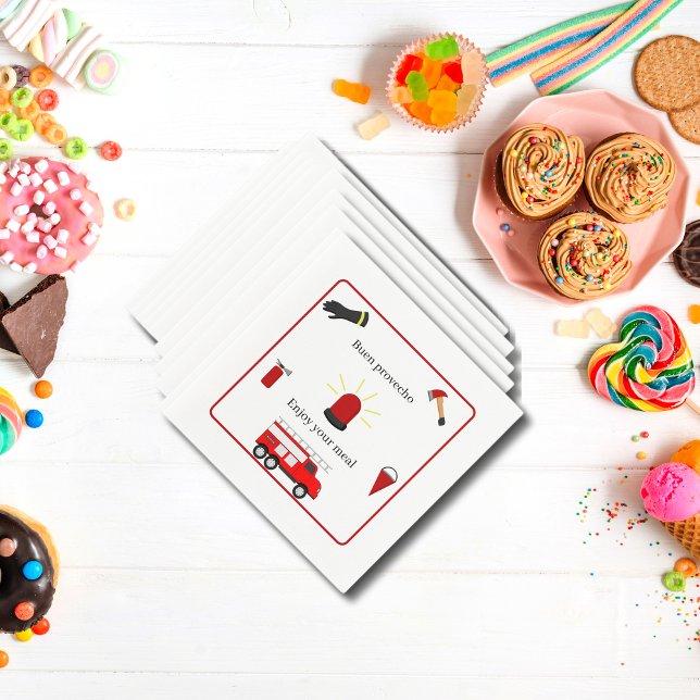 Firefighter Theme White Bilingual Papper Napkins Pappersservett (firefighter themed birthday party for boys napkins, bilingual text. Multilingual project.)