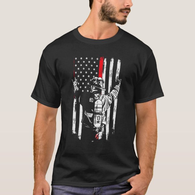Firefighter Thin Red Line US American Flagga Patri T Shirt (Framsida)
