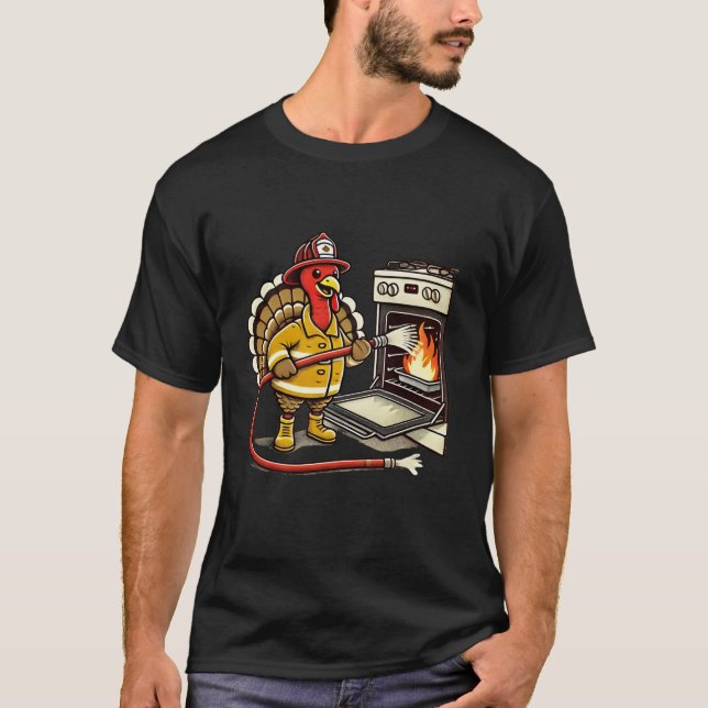 Firefighter Turkey Funny Thanksgiving Animal Oven T Shirt (Framsida)
