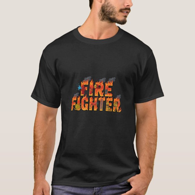 Firefighter Typography Art with Flames & Rescue  T Shirt (Framsida)