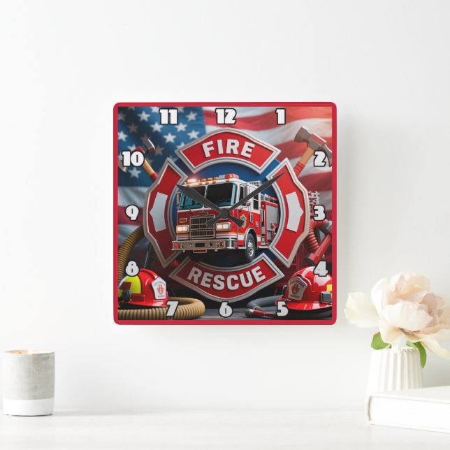 Firefighter Valor American Flagga Fyrkantig Klocka (Hem)