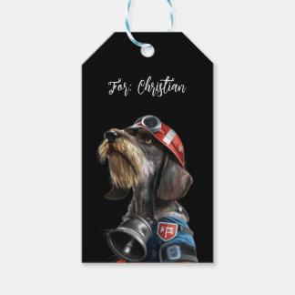 Firefighter Wire-Hair Dachshund Hund Text Presentetikett