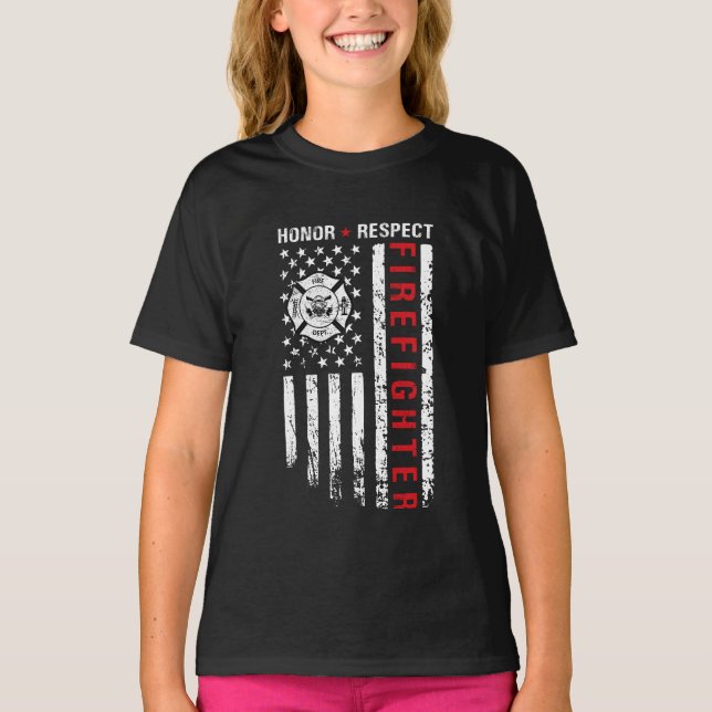 Firefighters Red Line Us Flagga T Shirt (Framsida)