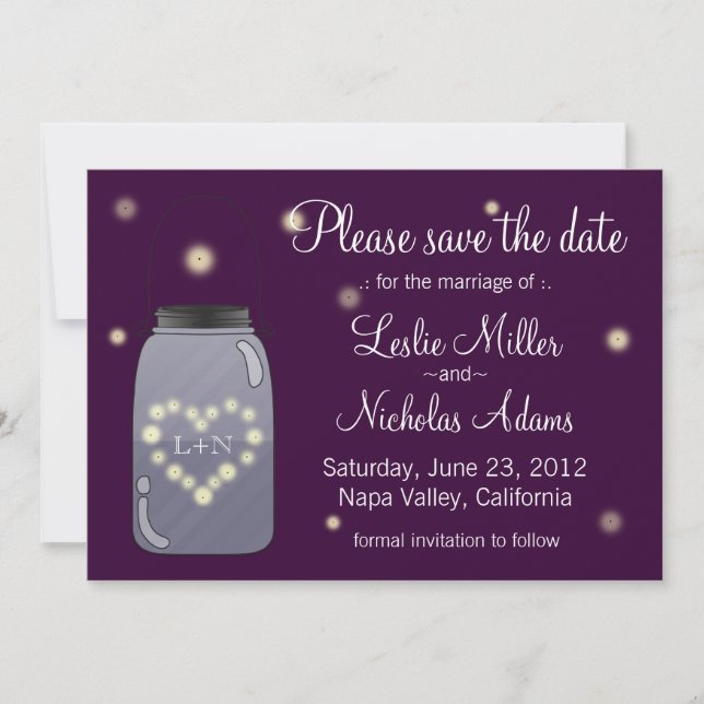 Fireflies in Mason Burk Heart Kärlek Save Date Spara Datumet (Framsida)