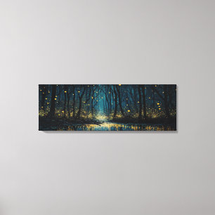 Fireflies light a mörk fantasy Forest Panoramic Canvastryck