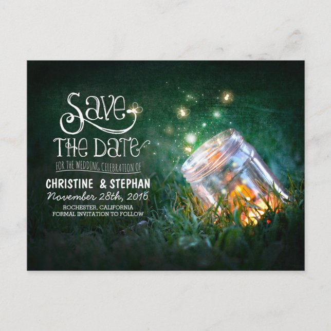 Fireflies mason burk rustic romantic save date meddelande vykort (Framsida)