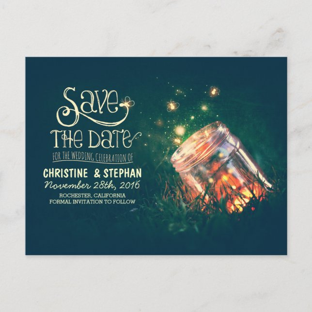 Fireflies mason burk rustic romantic save date meddelande vykort (Framsida)