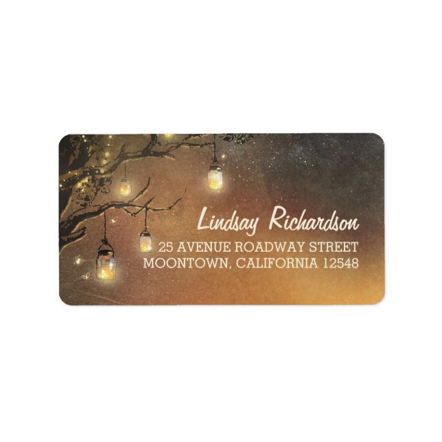 Fireflies Mason burk träd grenar bröllop Adressetikett (Framsidan)