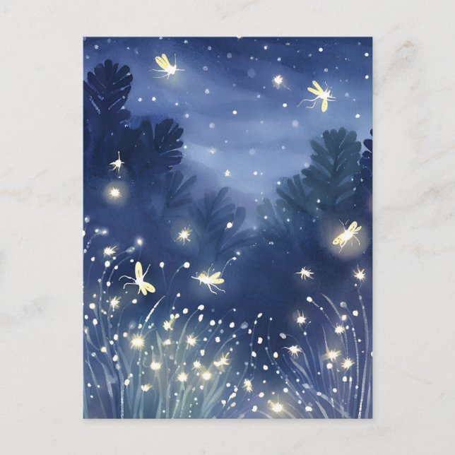 Fireflies på natten | Firefly Blue Watercolor Vykort (Framsida)