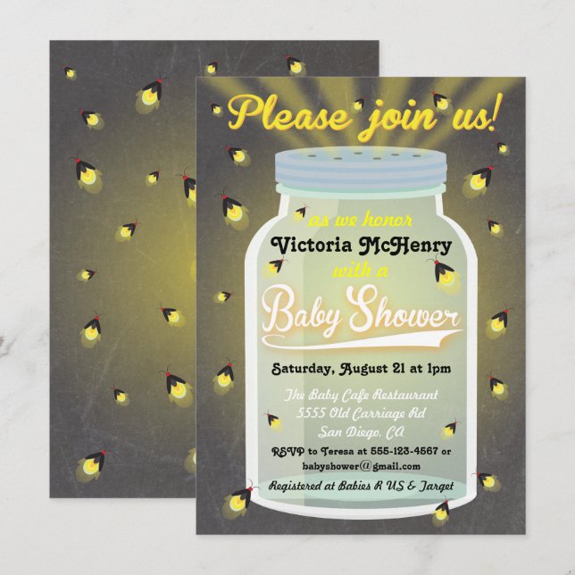 Firefly Chalkboard Mason Burk Baby Shower Inbjudan (Fram/baksida)