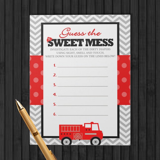 Firelångtradare gissar det  svaret på det svenska  anteckningsblock (Guess the Sweet Mess Baby Shower Game Pack of 40 Games for Firefighter Baby Shower)