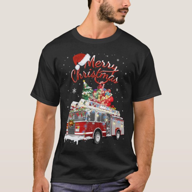Firelångtrut Santa Sleigh Fireman-juleldstrid T Shirt (Framsida)