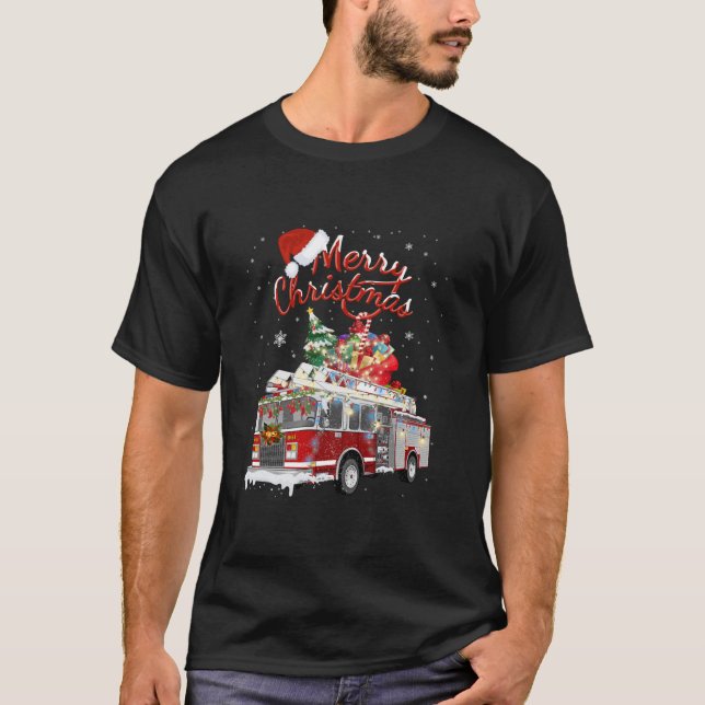Firelångtrut Santa Sleigh Fireman-juleldstrid T Shirt (Framsida)