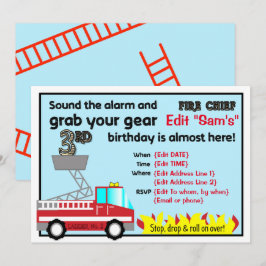 Fireman 3:e födelsedag-festinbjudningar Firefighte Inbjudningar