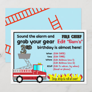 Fireman 3:e födelsedag-festinbjudningar Firefighte Inbjudningar