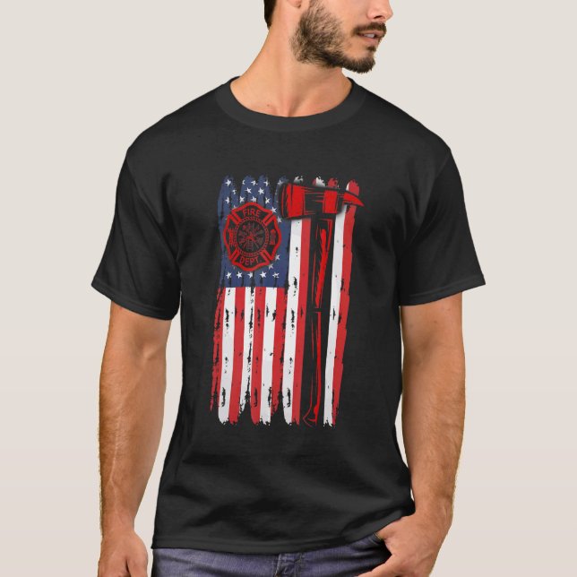 Fireman American Flag Graphics Firefighter Labor D T Shirt (Framsida)