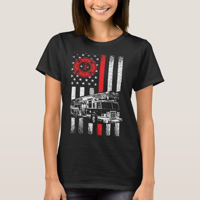 Fireman American Flagga Thin Red Line Graphics Fir T Shirt (Framsida)