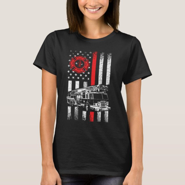 Fireman American Flagga Thin Red Line Graphics Fir T Shirt (Framsida)