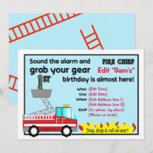 Fireman-festinbjudningar på första födelsedagen Fi