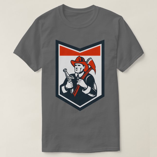 Fireman Firefighter Carry Ax Hose Shield Woodcut T Shirt (Design framsida)
