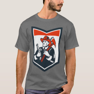 Fireman Firefighter Carry Ax Hose Shield Woodcut T Shirt