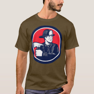 Fireman Firefighter Holding Fire Ax Woodcut T Shirt