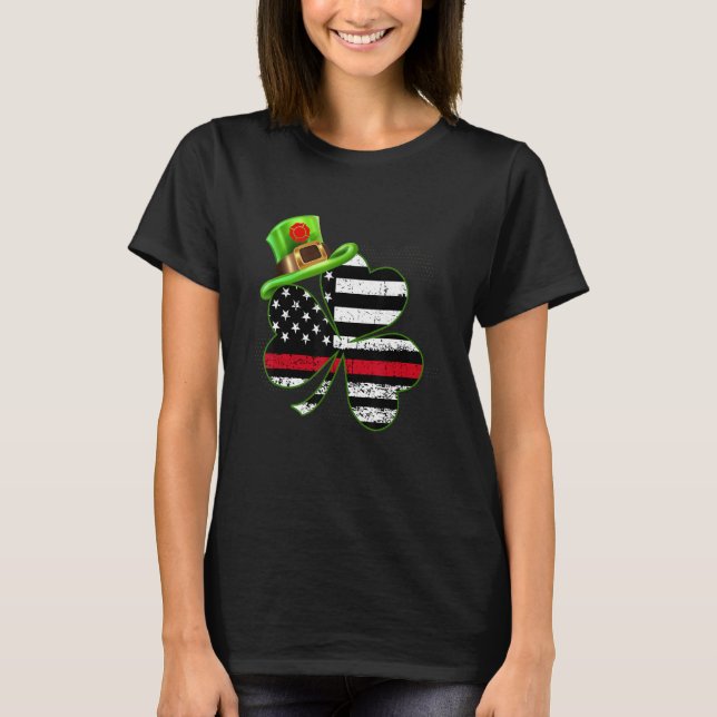 Fireman Firefighter Shamrock Thin Red Line St Patr T Shirt (Framsida)