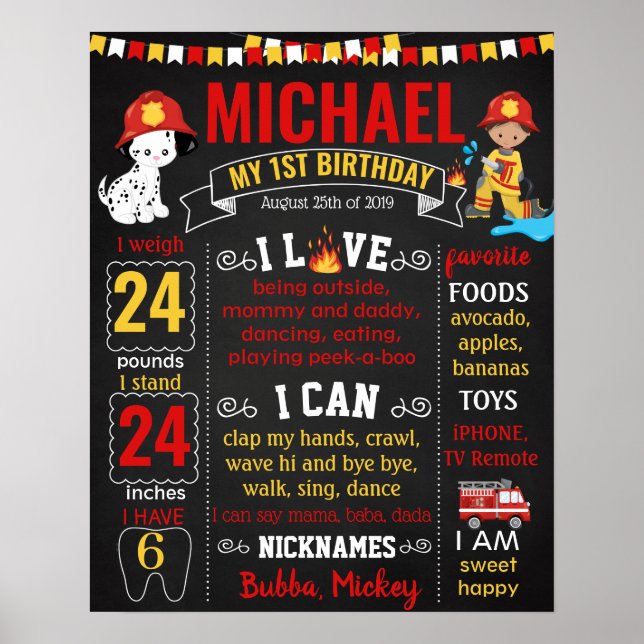 Fireman Firetruck First Birthday chalboard Poster (Framsidan)