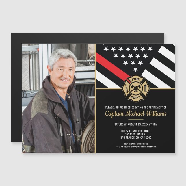 Fireman Photo Red Line Flag Firefighter Retirement Magnetisk Inbjudningskort (Fram/baksida)