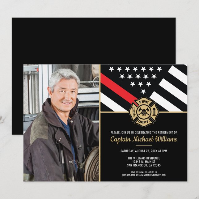 Fireman Photo Red Line Flagga Firefighter Pension Inbjudningar (Fram/baksida)