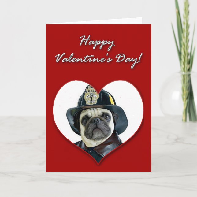 Fireman pug Valentines day Card Helgkort (Framsida)