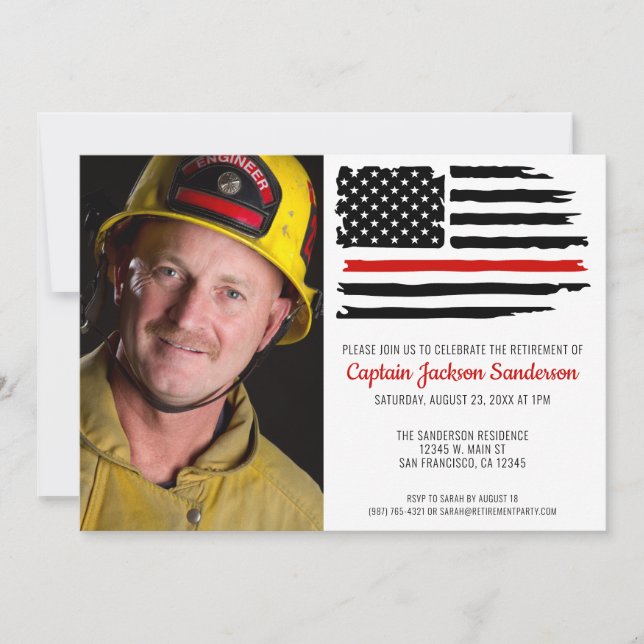Fireman Red Line Firefighter Photo Pension Inbjudningar (Framsida)