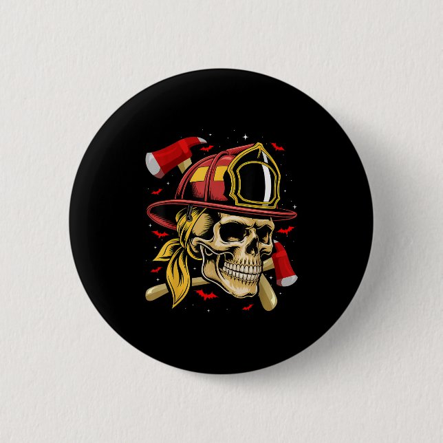 Fireman Skull Firefighter Skeleton Halloween Costu Knapp (Framsida)